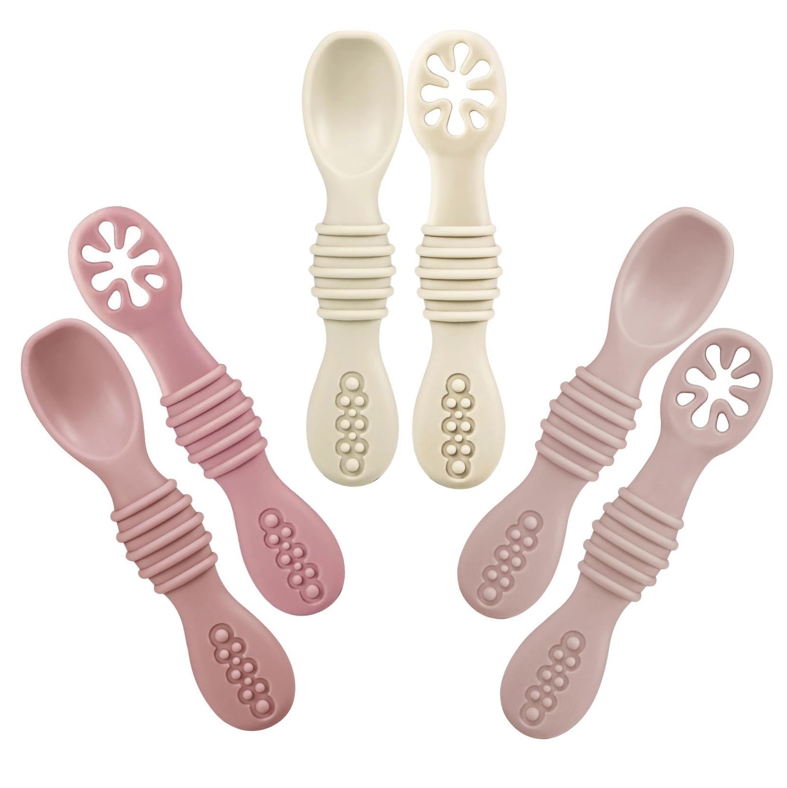 PandaEar 6-Pack Silicone Baby Spoons, 6+ Months, Pink Light Pink Beige