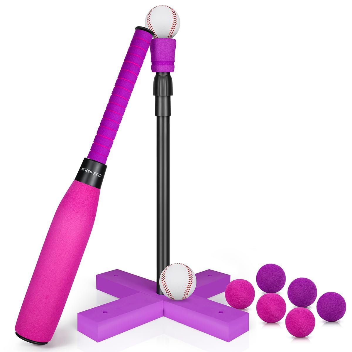 CeleMoon Adjustable TEE Foam T Ball Kids Baseball Softball Bat Set Batting, 8 Colored Balls Included for Toddler Girls Gift 3 4 5 Years Indoor Outdoor Sport Playing Toys (Pink)