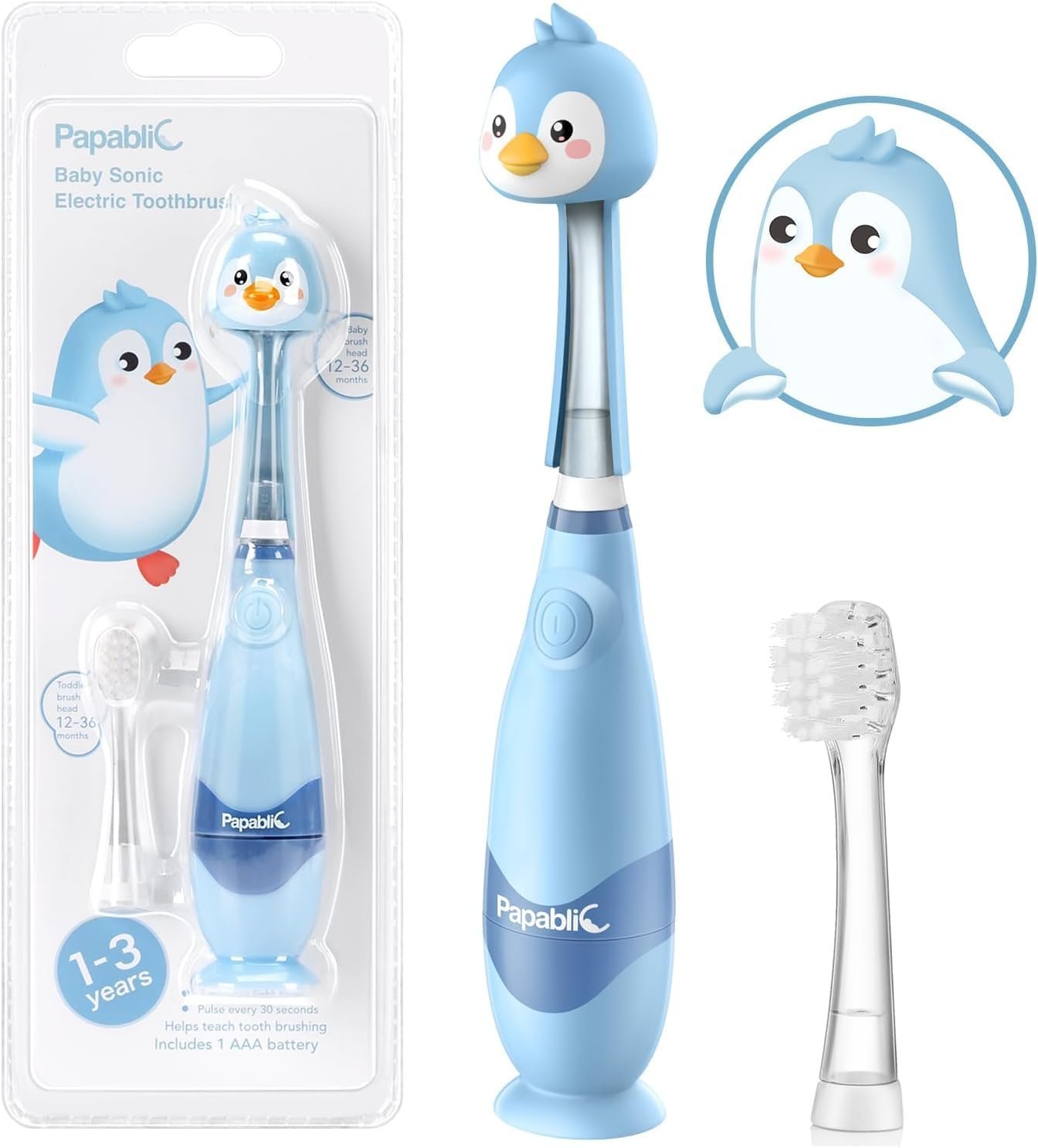 Papablic Toddler Sonic Electric Kids Toothbrush for Ages 1-3, Blue Penguin