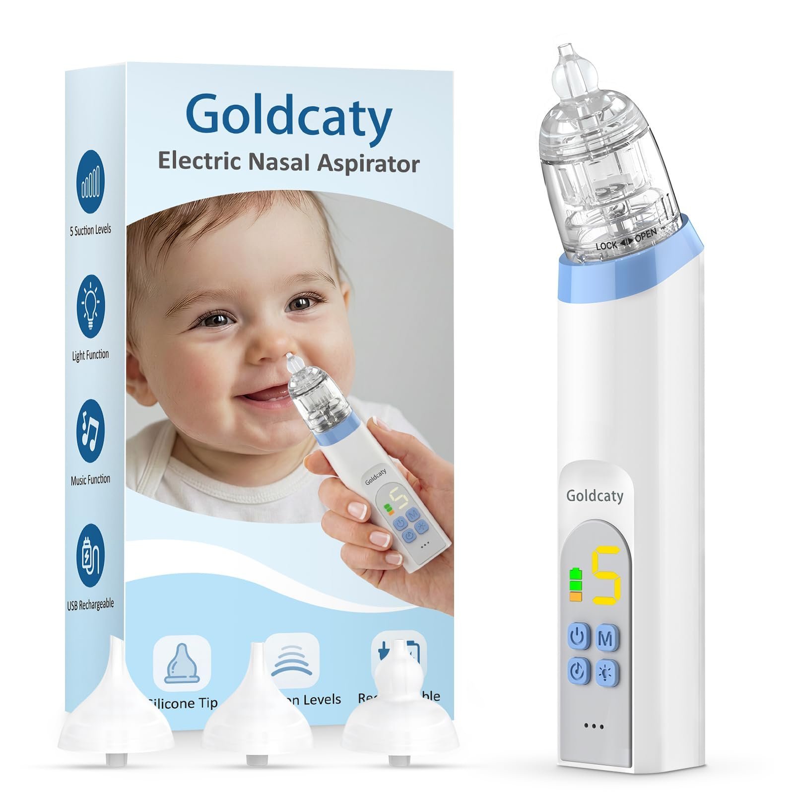 Electric Nasal Aspirator, Nose Suction for Baby, Baby Nose Sucker, Rechargeable Nose Aspirator for Babies with 3 Silicone Tips, Adjustable 5 Suction Level, Music and Light Soothing Function, Blue