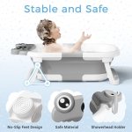 BUNWAG Baby Bathtub, Collapsible Newborn Bathtub for Infant to Toddler with Soft Cushion and Thermometer,Portable Travel Newborn Tub with No-Slip Feet, Baby Shower Gifts, 0-12 Months Baby Bath, Grey - Image 2