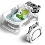 BUNWAG Baby Bathtub, Collapsible Newborn Bathtub for Infant to Toddler with Soft Cushion and Thermometer,Portable Travel Newborn Tub with No-Slip Feet, Baby Shower Gifts, 0-12 Months Baby Bath, Grey