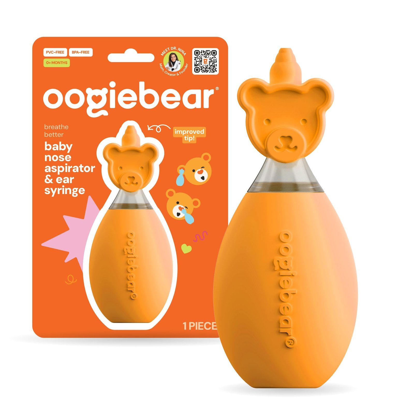 oogiebear Baby Nose Aspirator & Ear Syringe, Manual Strong-Suction, Orange