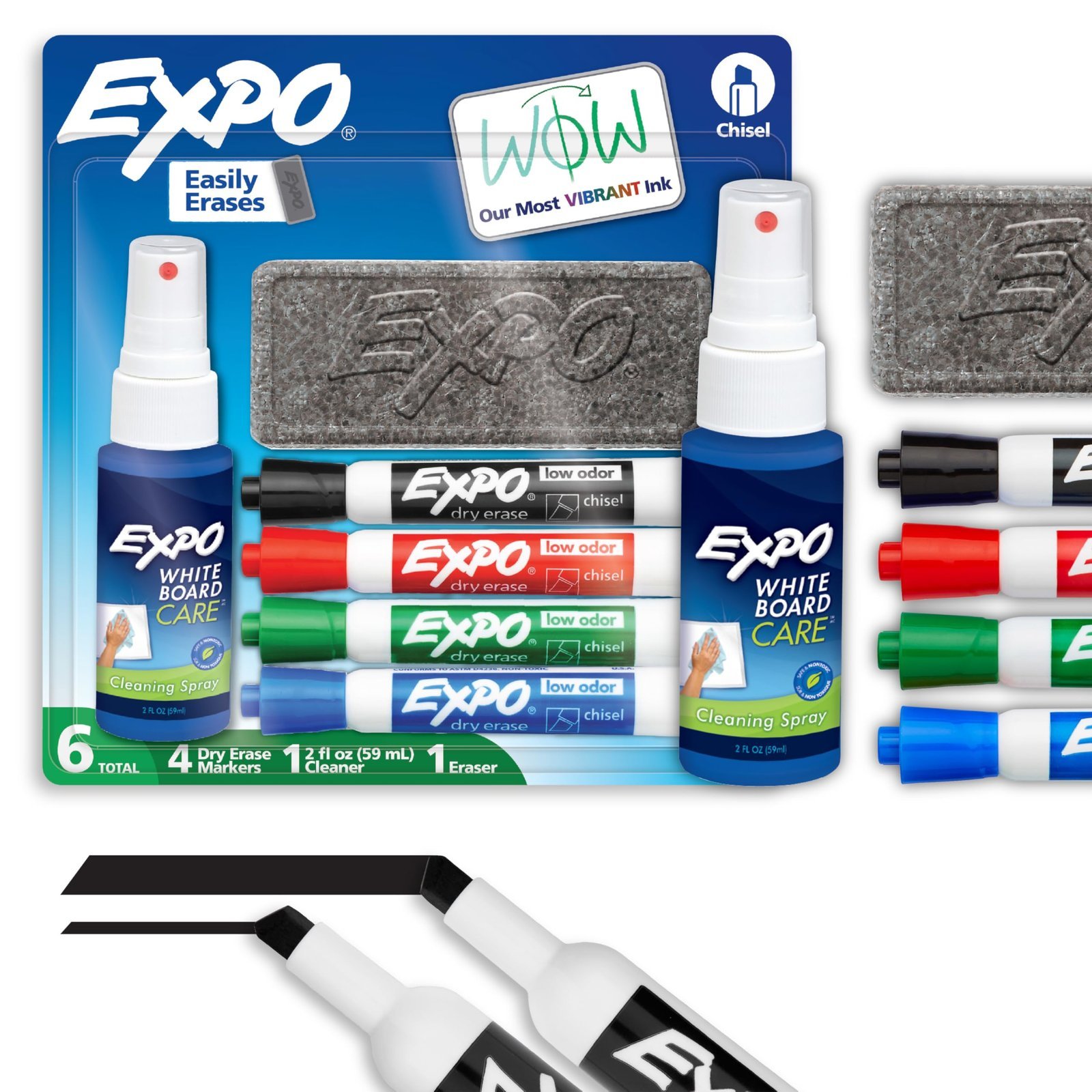 EXPO Dry Erase Markers Kit, Chisel Tip, Assorted Colors, Eraser, Spray Cleaner, 6 Count - Whiteboard, Calendar, Office Essentials, School, Classroom, Teacher Supplies